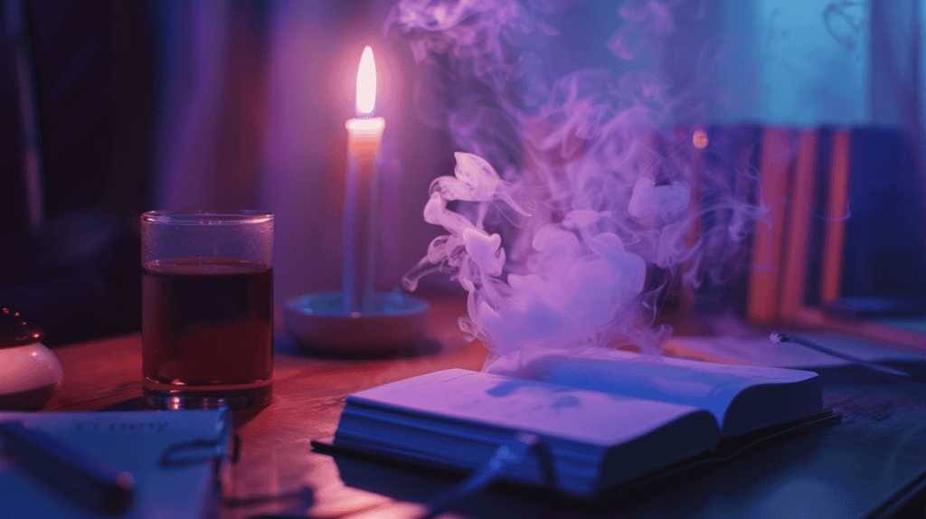 Smoke coming out of a journal as someone manifests.