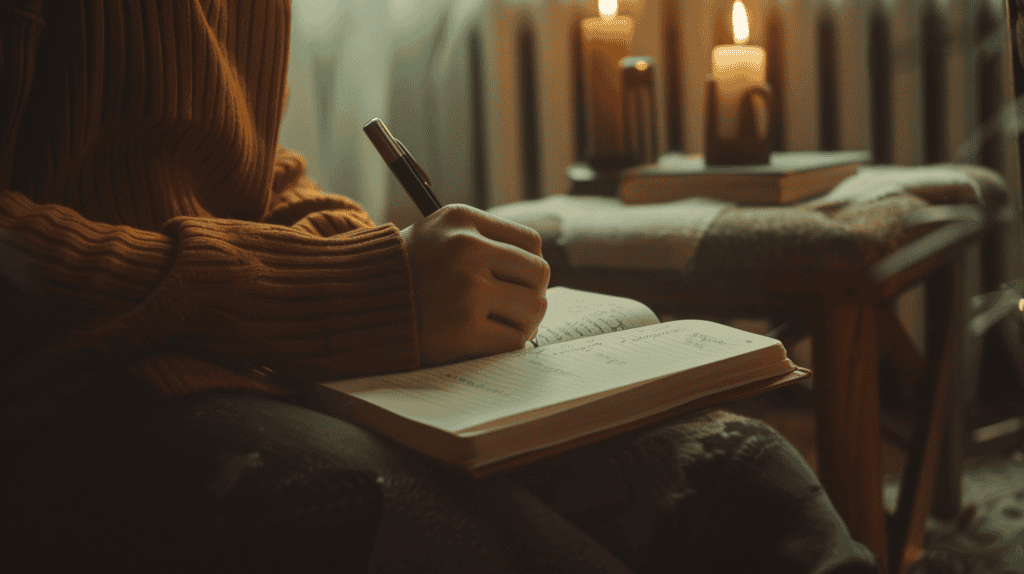 Person writing in their journal next to candles.