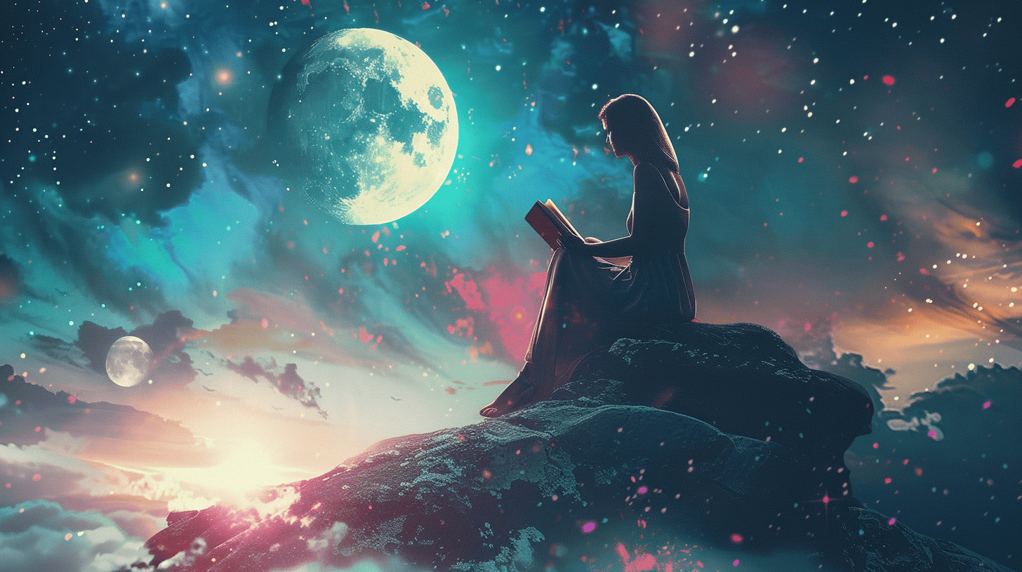 Woman sitting under the moon reading her Manifestation Journal for Women.